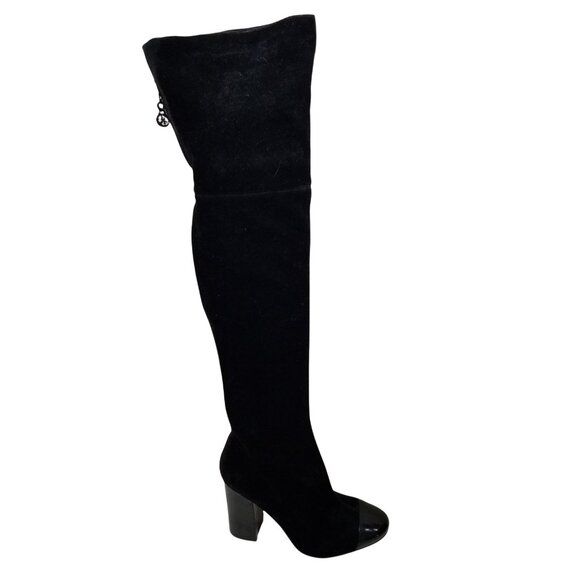 Guess 7.5 Black Velvet Thigh High Heeled Boots LOLO Patent Leather Cap Toe - Picture 9 of 10